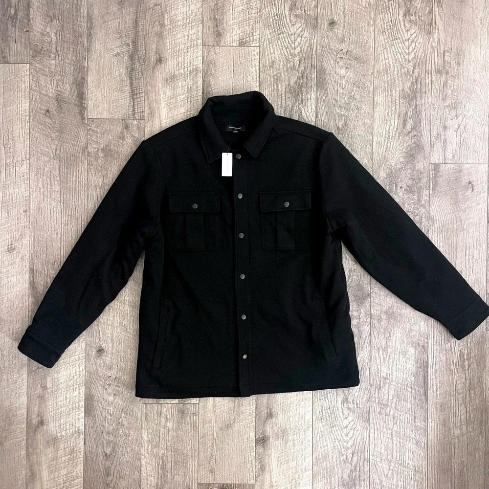 Banana Republic Mens Sherpa Lined Shirt Jacket Black Twill‎ Snap Front Large NWT